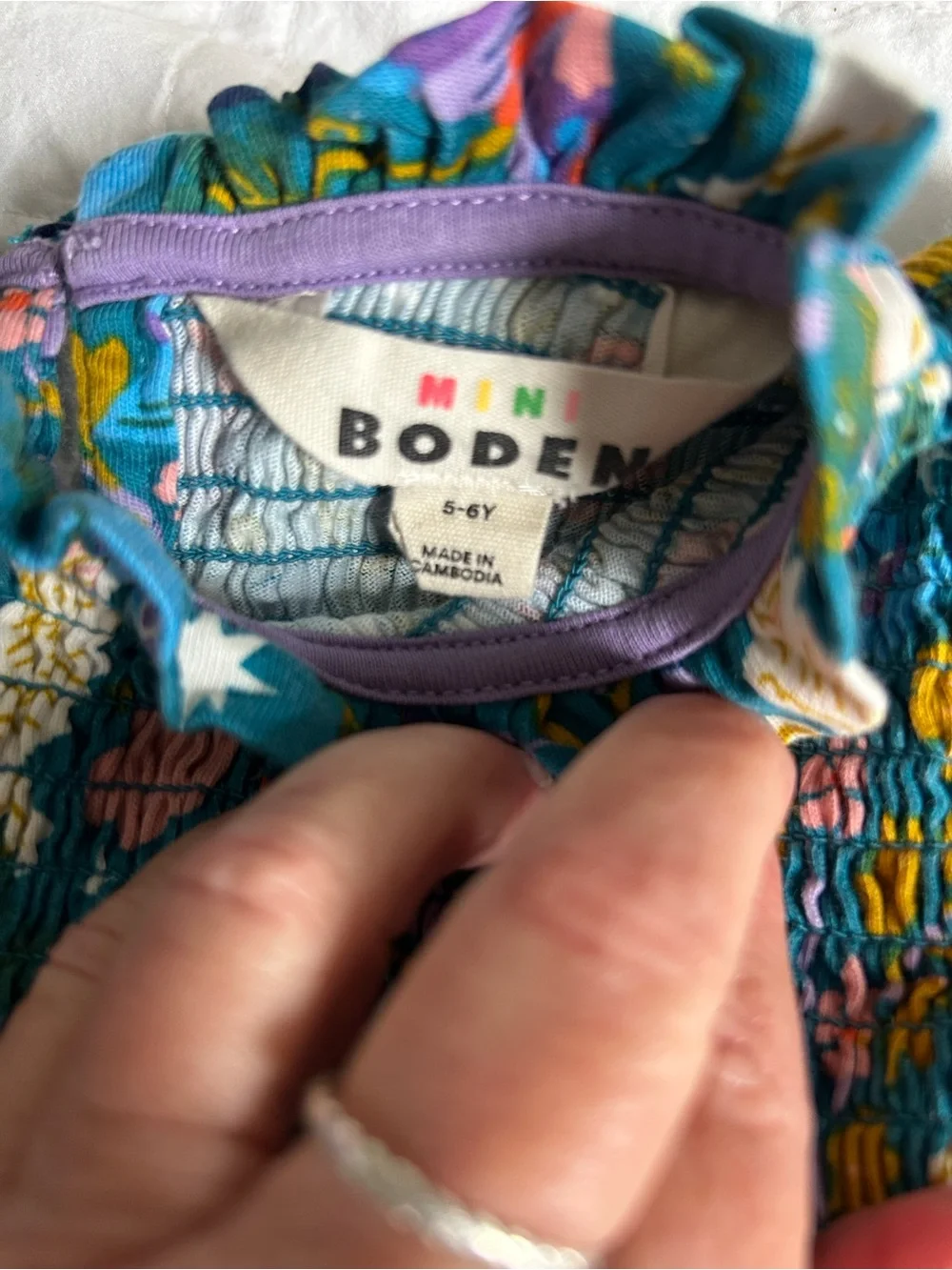 Mini Boden Teal Floral & Owl Smocked Casual Dress